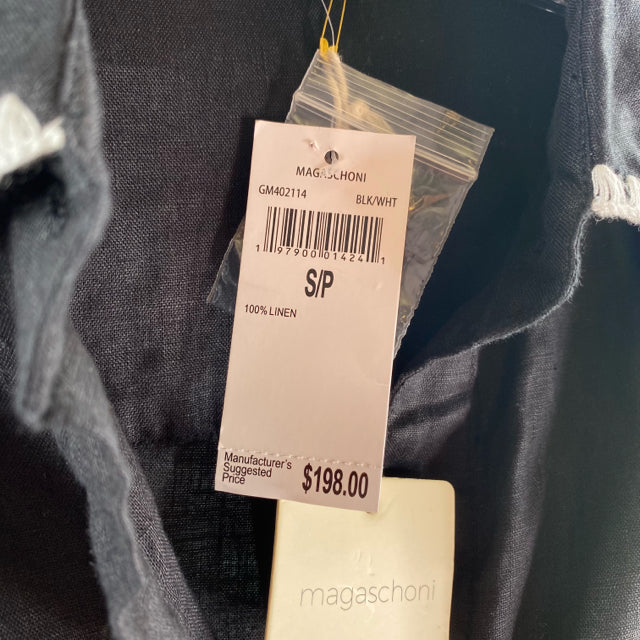 MAGASCHONI Size SMALL Black/White Stitch Detail Long Sleeve Linen NWT DRESS