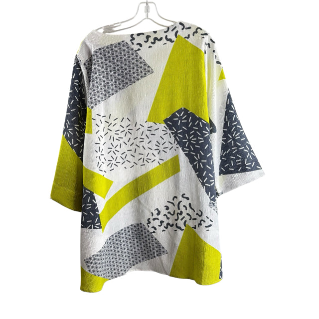 MOONLIGHT Size LARGE White/Yellow Print 3/4 Sleeve Drawstring Hi-Lo TOP