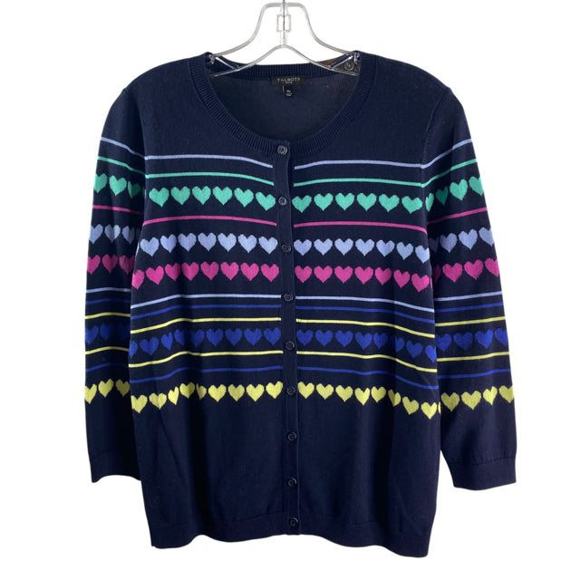 TALBOTS Size PETITE MEDIUM Navy/Multi Hearts 3/4 Sleeve Button Front SWEATER