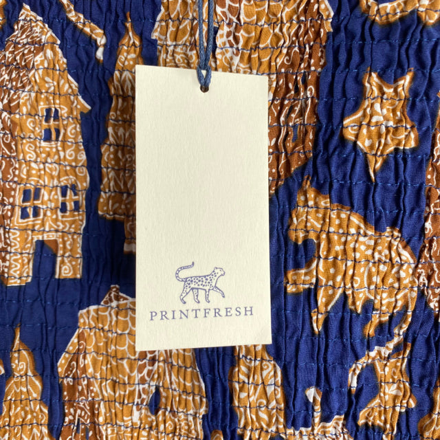 PRINTFRESH Size MEDIUM Navy/Tan Print Short Sleeve Peasant Organic Cotton BLOUSE