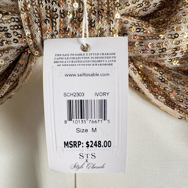 STS Size MEDIUM Cream/Gold Neck Detail Short Sleeve Polyester NWT DRESS