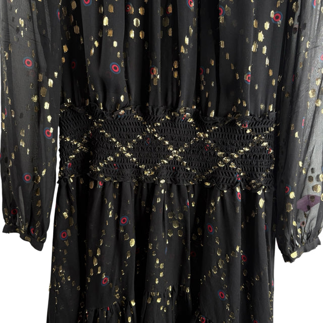ALC Size 4 Black Metallic Print Long Sleeve Silk DRESS