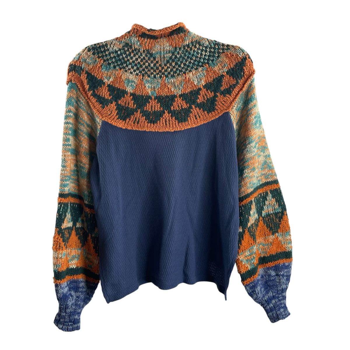 FREE PEOPLE Size SMALL Blue/Orange Nordic Long Sleeve Funnel Neck SWEATER