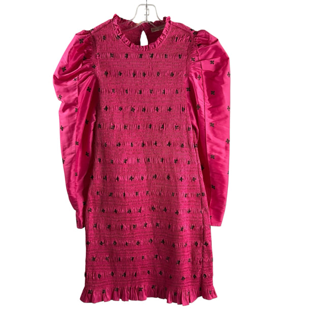 ULLA JOHNSON Size 8 Hot Pink Floral Long Sleeve Polyester Blend DRESS