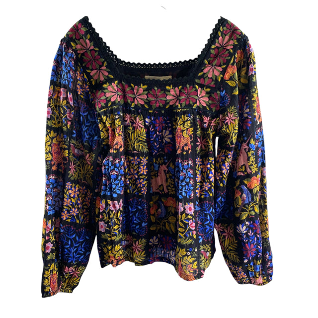 PRINTFRESH Size MEDIUM Black/Multi Floral Long Sleeve Peasant Organic Cotton TOP