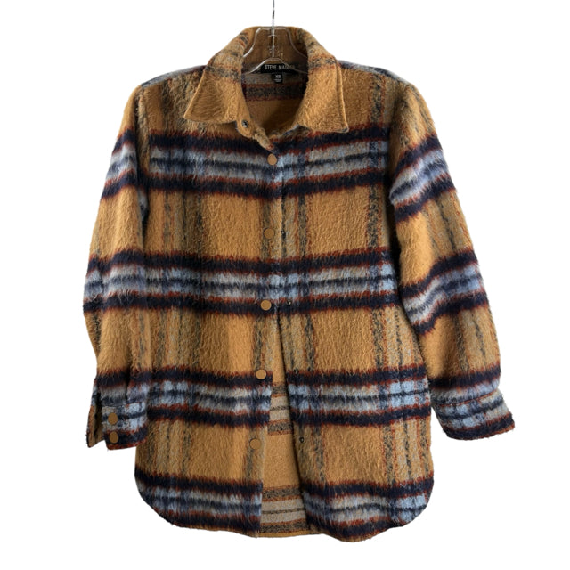 STEVE MADDEN Size X-SMALL Brown/Blue Plaid Fuzzy JACKET