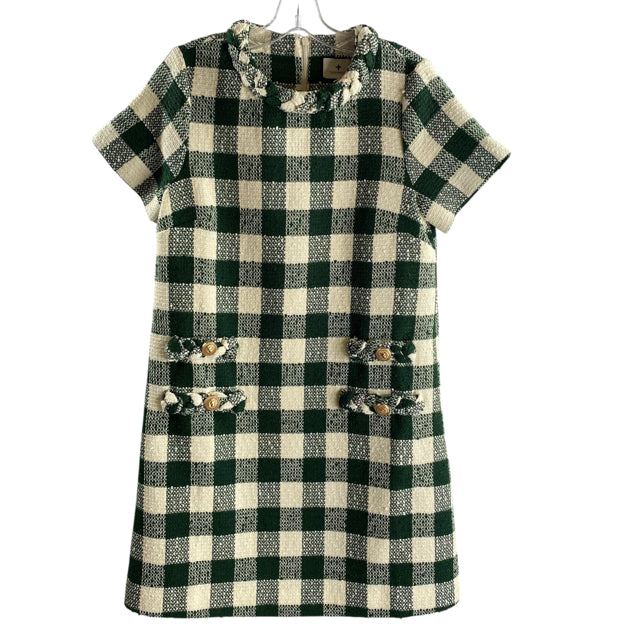 TUCKERNUCK Size SMALL Cream/Green Check Long Sleeve Polyester DRESS