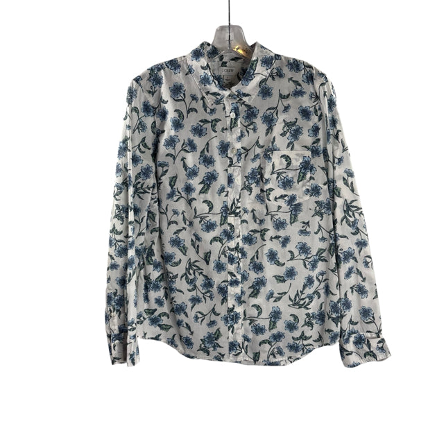 J CREW Size LARGE White/Blue/Green Floral Long Sleeve B'front BLOUSE