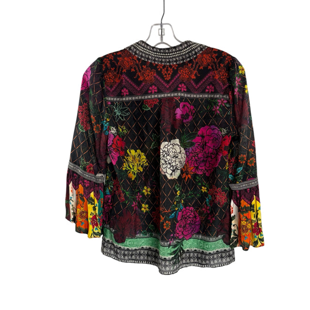 ALICE & OLIVIA Size X-SMALL Black/Multi Floral 3/4 Sleeve Button Front TOP