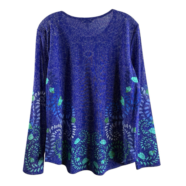 JOHNNY WAS ACTIVE Size X-LARGE Royal/Green Print Long Sleeve Tee Nylon Blend TOP