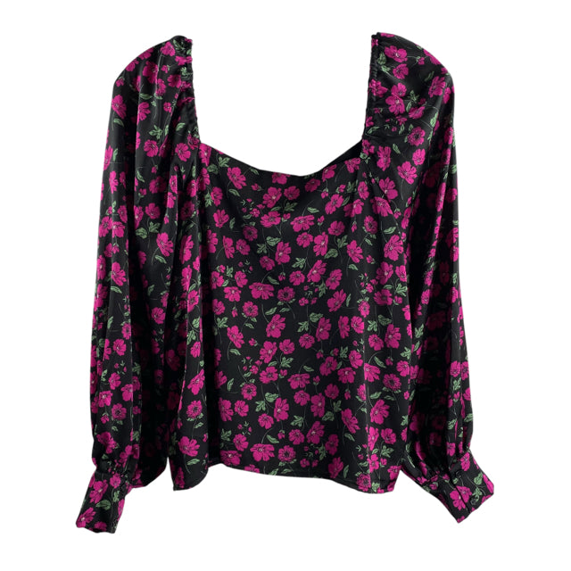 LEITH Size X-LARGE Black Floral Poet Button Front Polyester NWT TOP