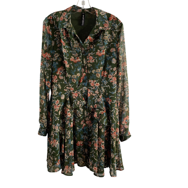 DESIGN LAB Size LARGE Olive Floral Long Sleeve Polyester DRESS