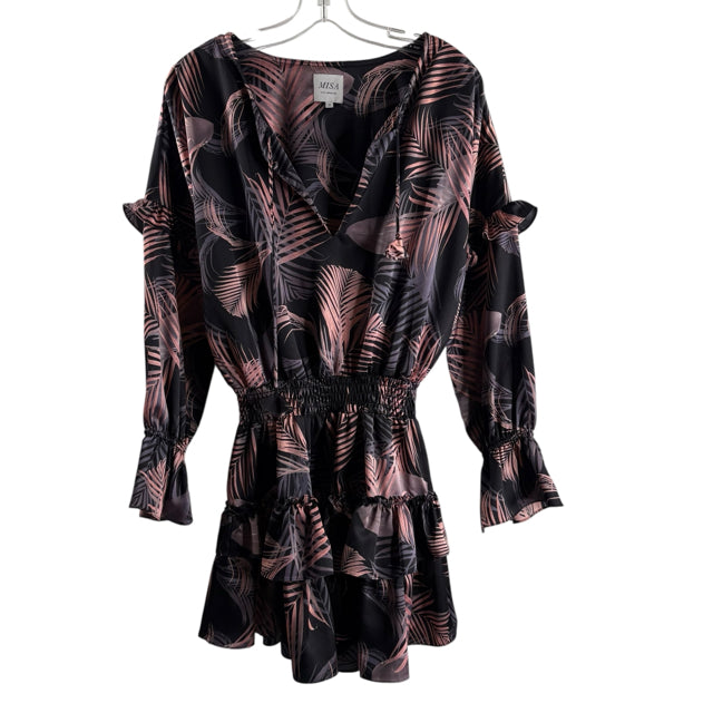 MISA Size SMALL Black/Pink Ferns Long Sleeve Polyester DRESS