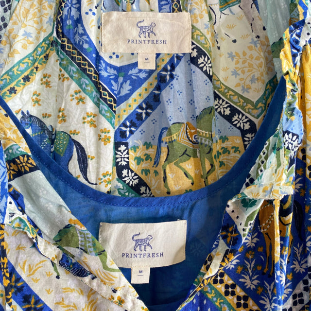 PRINTFRESH Size MEDIUM Blue/Tan Print 3/4 Sleeve Cotton DRESS