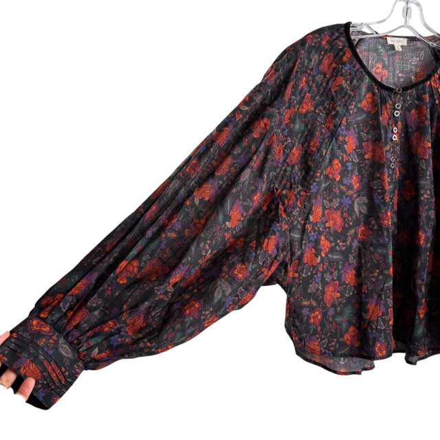 PILCRO Size MEDIUM Dark Multi Floral Long Sleeve Button Front Cotton BLOUSE