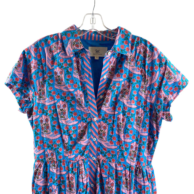 PRINTFRESH Size MEDIUM Blue/Pink Print 3/4 Sleeve Cotton DRESS