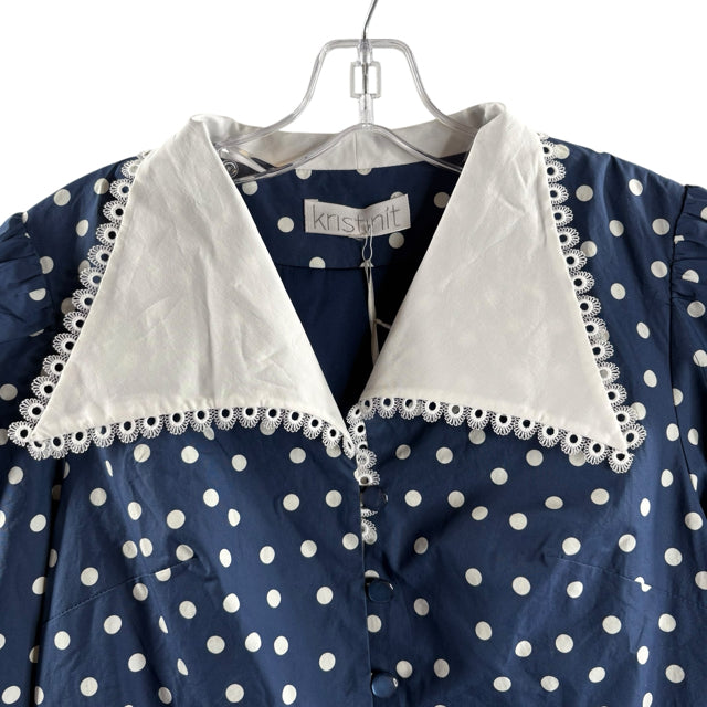 KRISTINIT Size MEDIUM Blue/White Polka Dots Long Sleeve Collar Cotton NWT BLOUSE