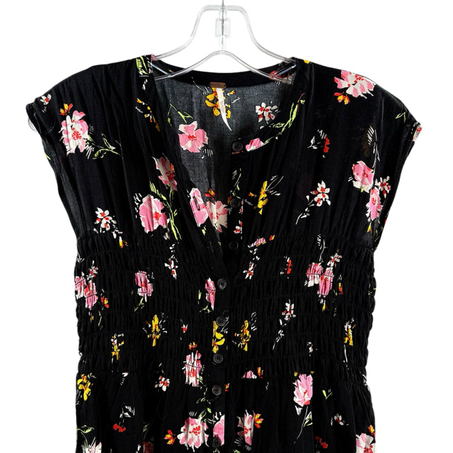 FREE PEOPLE Size SMALL Black/Multi Floral Cap Sleeve Rayon DRESS