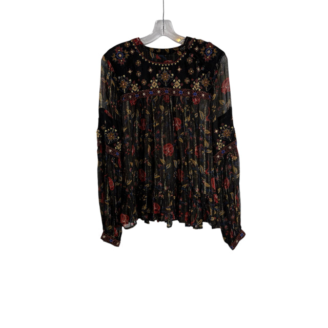 FREE PEOPLE Size SMALL Black Embellished Long Sleeve BLOUSE