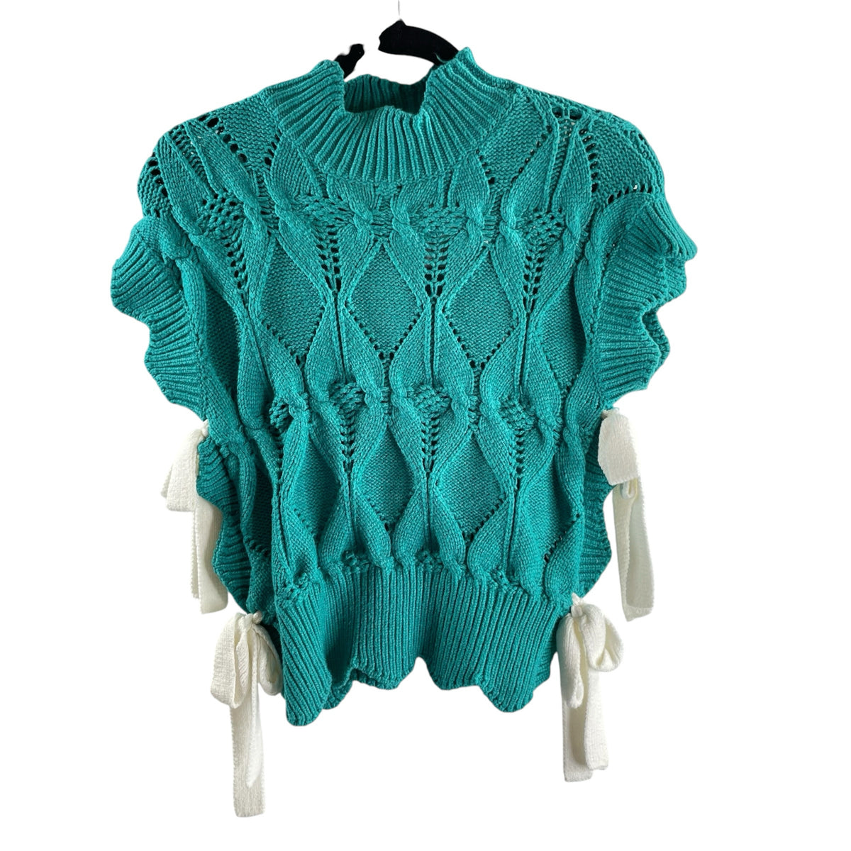 &MERCI Size MEDIUM Turquoise Bows Cap Sleeve Mock Turtleneck SWEATER