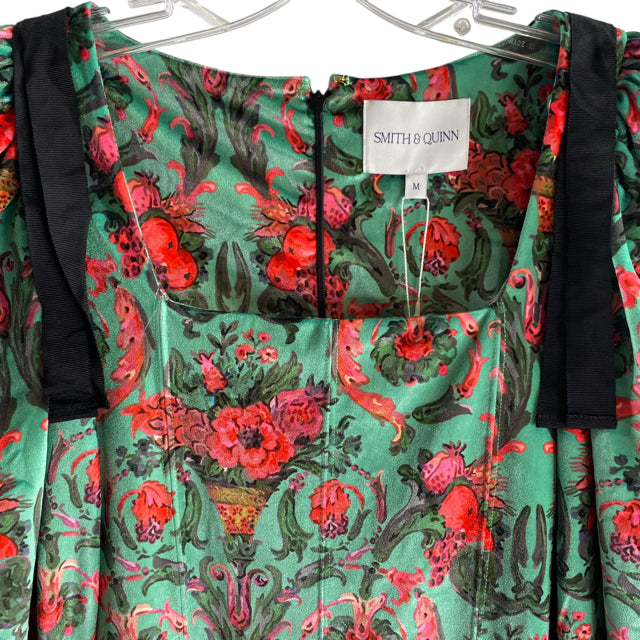 SMITH & QUINN Size MEDIUM Green/Pink Floral Long Sleeve Velvet NWT DRESS