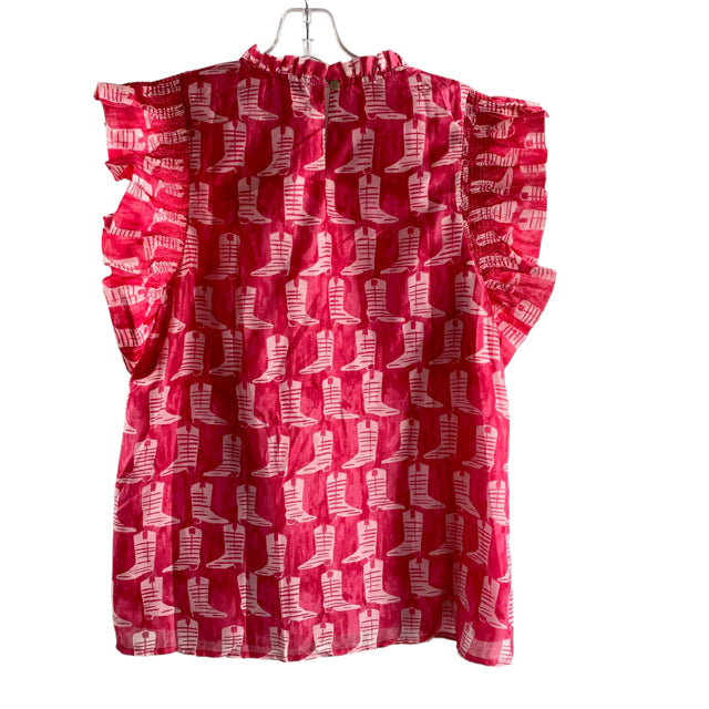 J MARIE Size MEDIUM Hot Pink/White Print Cap Sleeve Polyester TOP