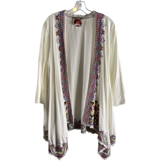 JOHNNY WAS Size 2X White Embroidered Long Sleeve Open Front TOP