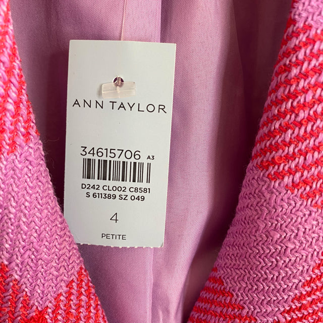 ANN TAYLOR Size 4 PETITE Red/Purple Check Long Sleeve Polyester Blend BLAZ / JKT