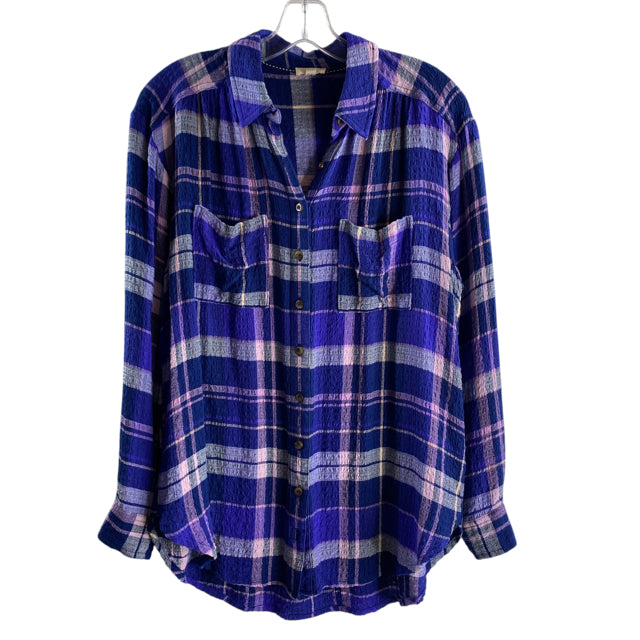 PILCRO Size SMALL Blue/Purple Plaid Long Sleeve Button Front Viscose Blend TOP