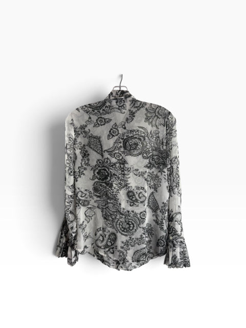 CABI Size SMALL White/Olive Floral Long Sleeve Ruffle Details BLOUSE