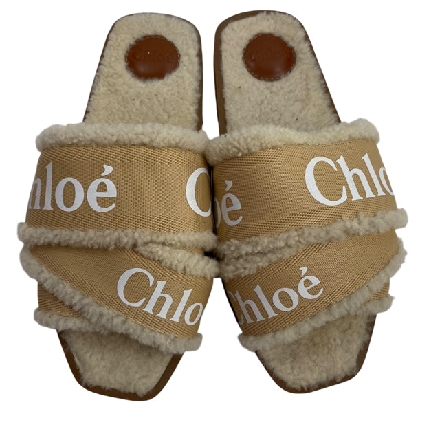CHLOE Size 42 Cream Sandal Shearling BOX SHOE