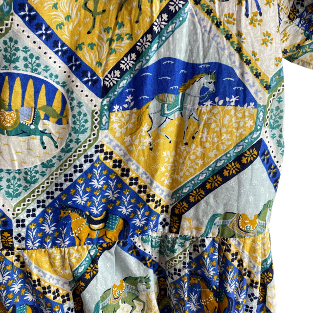 PRINTFRESH Size MEDIUM Blue/Tan Print 3/4 Sleeve Cotton DRESS
