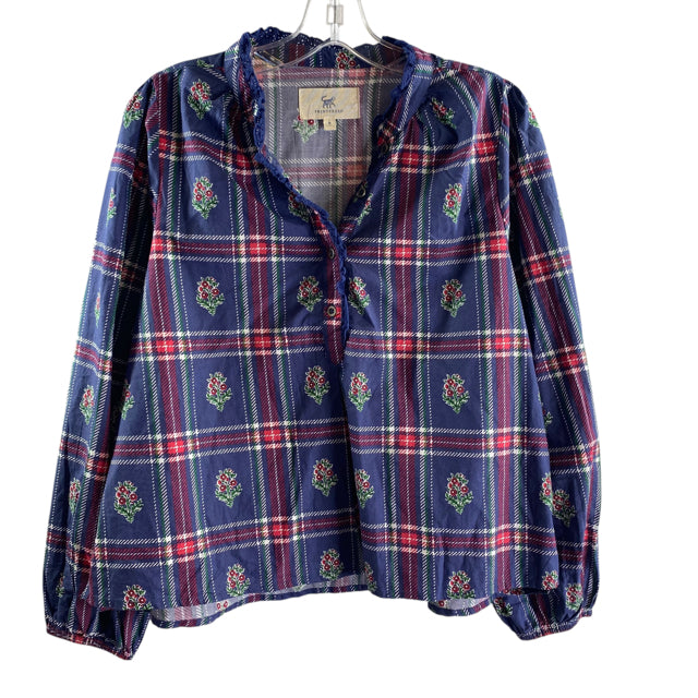 PRINTFRESH Size MEDIUM Navy/Red Print Poet Button Front Organic Cotton TOP
