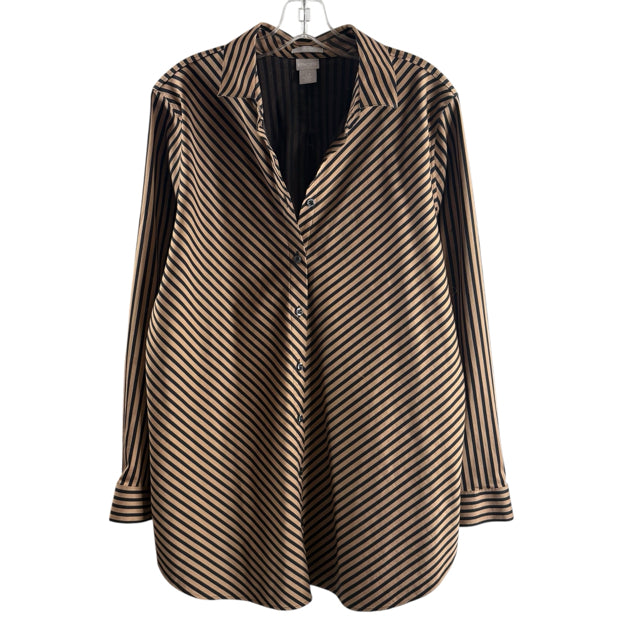 CHICOS Size CHICOS 2.5 Black/Tan Stripe Long Sleeve Button Front BLOUSE