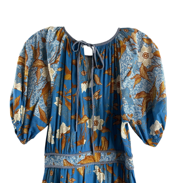 ULLA JOHNSON Size 4 Blue/Brown Print Short Sleeve Cotton Blend NWOT DRESS