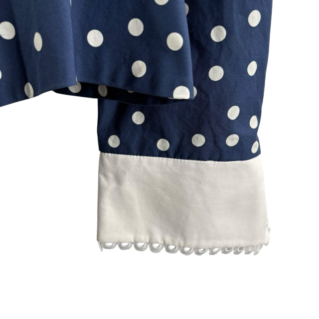 KRISTINIT Size MEDIUM Blue/White Polka Dots Long Sleeve Collar Cotton NWT BLOUSE