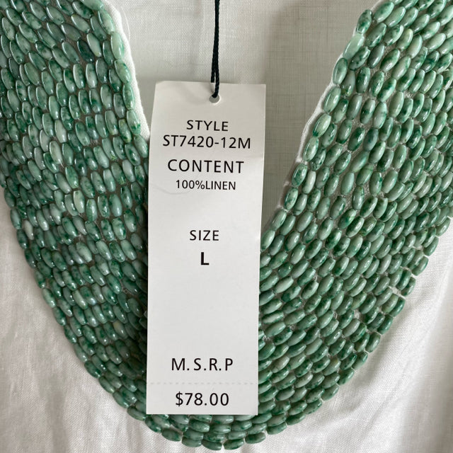 FOR CYNTHIA Size LARGE White/Green Neck Detail 3/4 Sleeve Tunic Linen NWT TOP