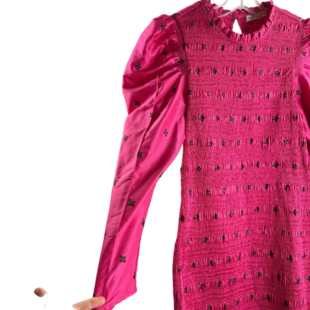ULLA JOHNSON Size 8 Hot Pink Floral Long Sleeve Polyester Blend DRESS