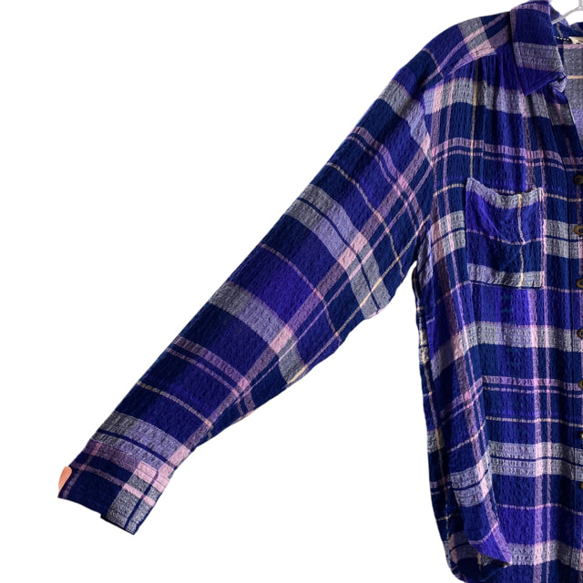 PILCRO Size SMALL Blue/Purple Plaid Long Sleeve Button Front Viscose Blend TOP