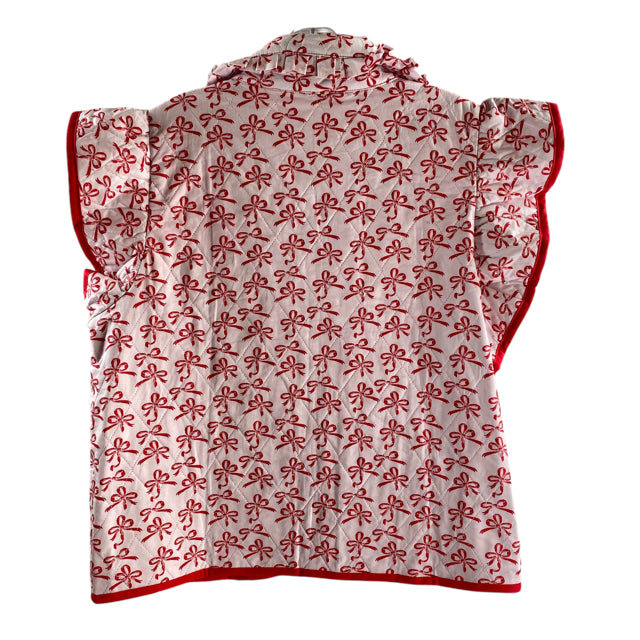 ENTRO Size MEDIUM White/Red Bows Short Sleeve Tie in front Cotton TOP