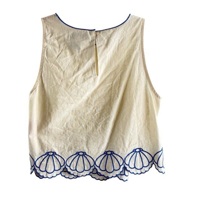 Calypso Size MEDIUM Cream/Blue Embroidered Sleeveless Cotton Blend TOP