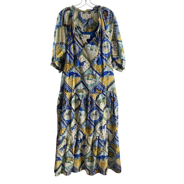 PRINTFRESH Size MEDIUM Blue/Tan Print 3/4 Sleeve Cotton DRESS
