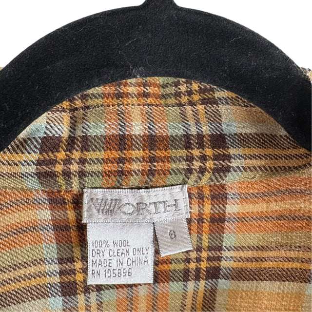 WORTH Size 6 Brown/Multi Plaid Long Sleeve Cross Front BLOUSE