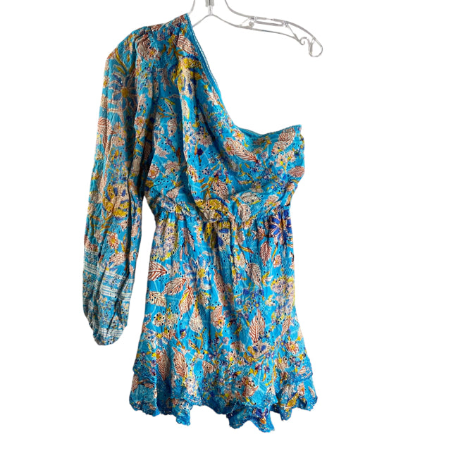 HEMANT & NANDITA Size SMALL Aqua/Multi Print One Sleeve Cotton DRESS