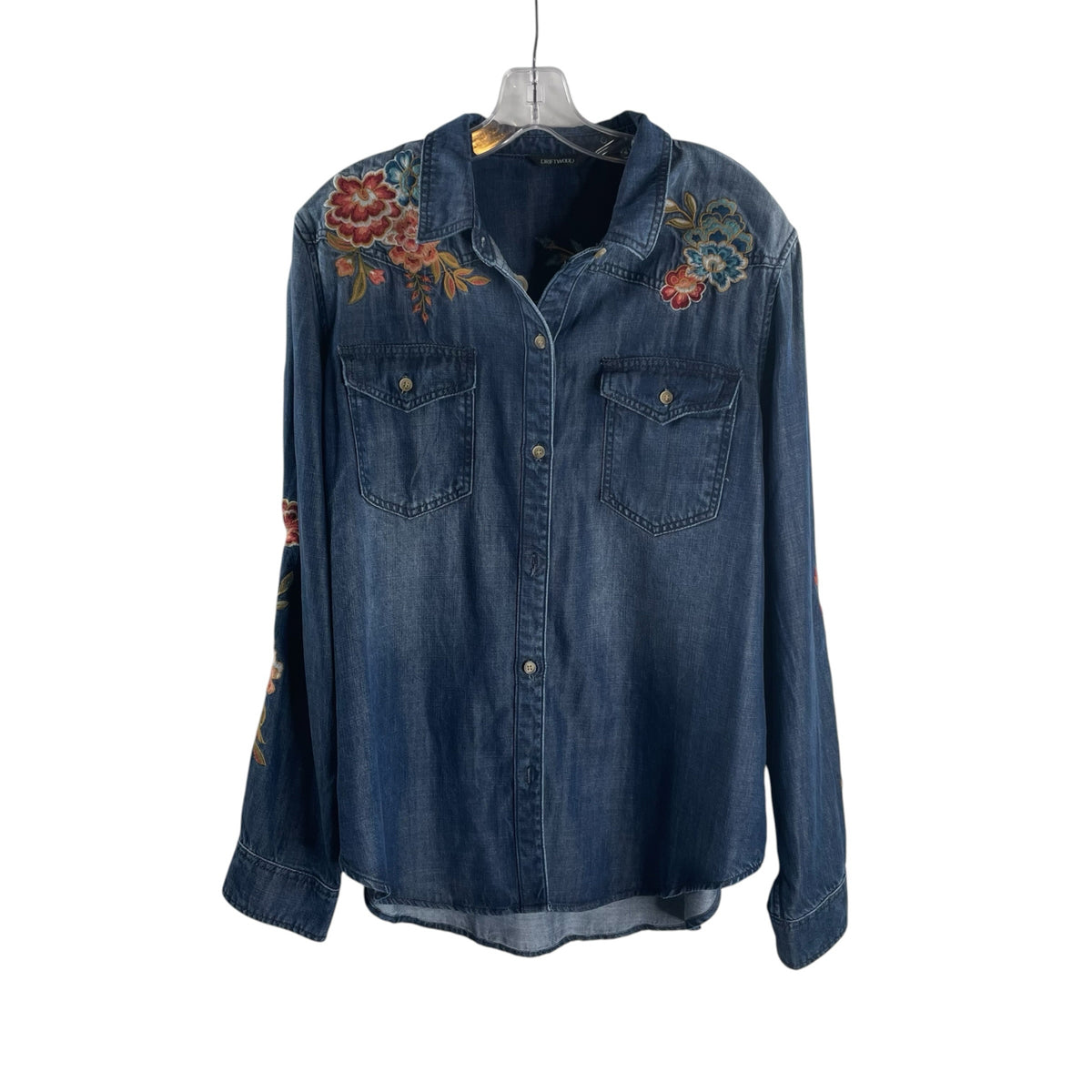 DRIFTWOOD Size X-LARGE Denim Blue Embroidered Long Sleeve B'front TOP