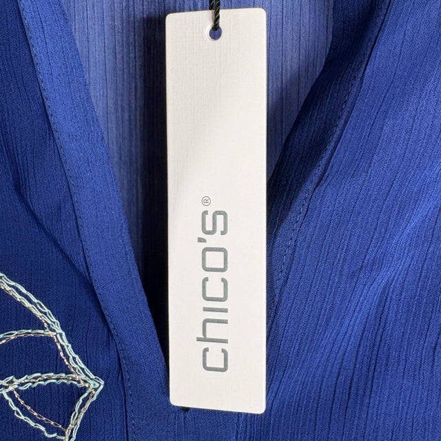 CHICOS Size S/M Blue Short Sleeve Poncho Embroidered NWT BLOUSE
