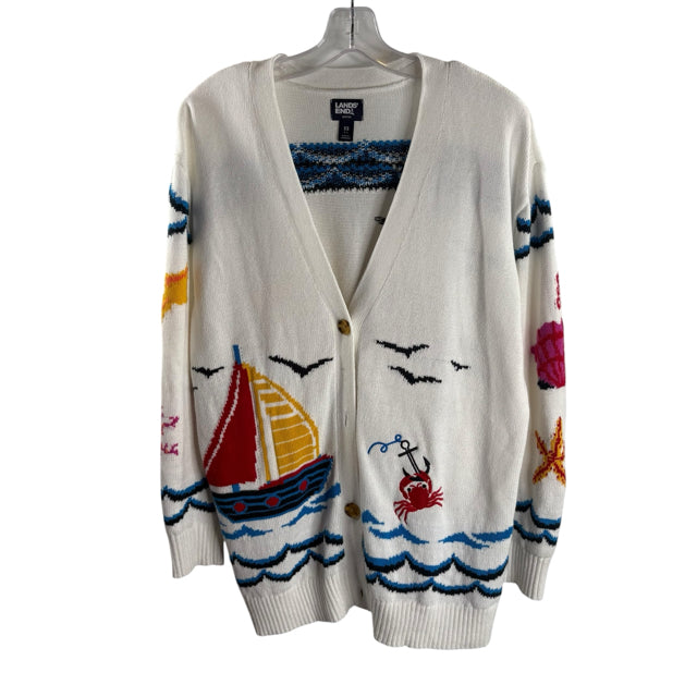 LANDS END Size X-SMALL White Sailboats Long Sleeve Cardigan SWEATER