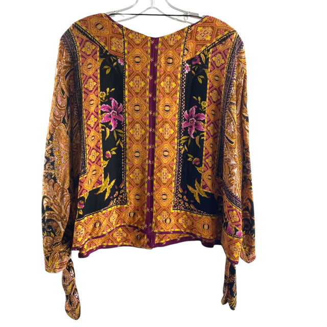FREE PEOPLE Size SMALL Orange/Multi Print 3/4 Sleeve Button Front Viscose BLOUSE