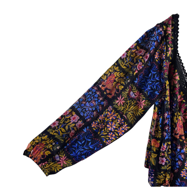 PRINTFRESH Size MEDIUM Black/Multi Floral Long Sleeve Peasant Organic Cotton TOP