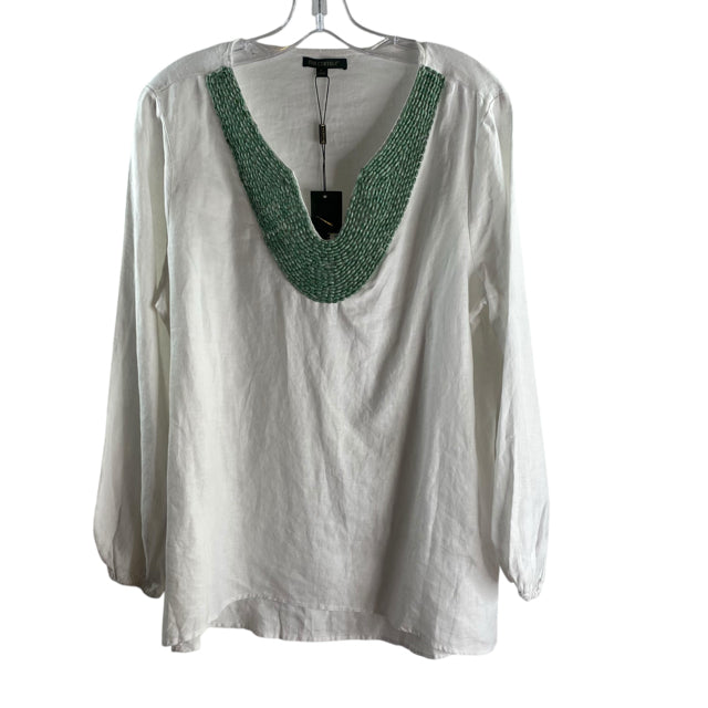 FOR CYNTHIA Size LARGE White/Green Neck Detail 3/4 Sleeve Tunic Linen NWT TOP